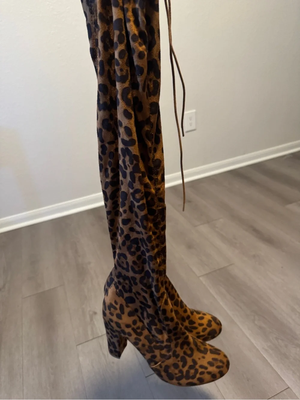 Leopard Print Over-the-Knee Block Heel Boots - Tan/Black